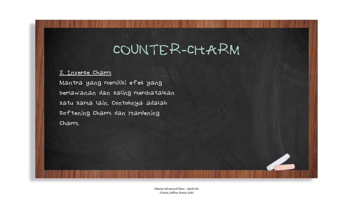 ㅤ
"Kategori kedua adalah Inverse Charm, contohnya Softening Charm dan Hardening Charm yang dapat saling membatalkan efek satu sama lain secara penuh. Lembut menjadi keras dan keras menjadi lembut. Silahkan dicatat terlebih dahulu."
ㅤ