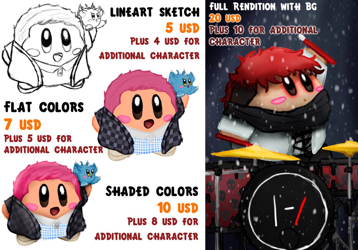 spookycocodun's tweet image. looking for means to earn extra cash to save 🫶 my commissions are open still and here’s are the prices i usually charge (we can discuss it!) 
#commission #opencommissions #commissionsopen #digitalart #commissions #illustration #commsopen #kirby #cliqueart #twentyonepilots