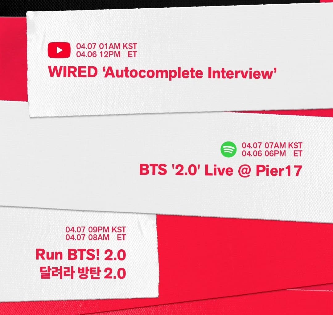 InfoJungkookBR's tweet image. 📢 Agenda promocional de ‘ARIRANG’ nos dias 06 e 07 de Abril! 

— WIRED 'Autocomplete Interview'
🗓️ 06/04
⏰ 13:00 (BRT 🇧🇷)

— ‘BTS '2.0' Live @  Pier17
🗓️ 06/04
⏰ 19:00 (BRT 🇧🇷)

— RUN BTS! 2.0 
🗓️ 07/04
⏰ 09:00 (BRT 🇧🇷)

#BTS #BTS_ARIRANG #2point0