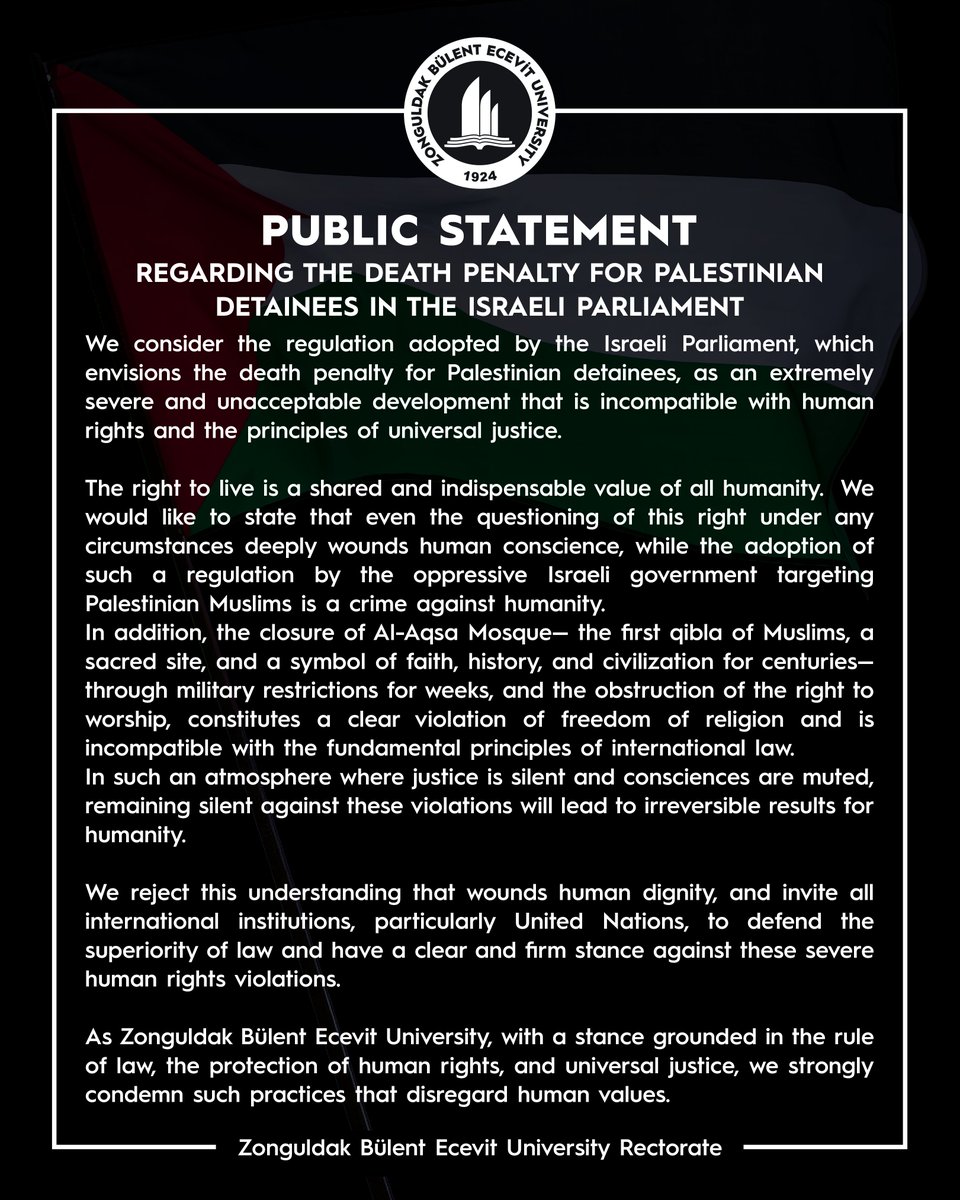 beunedutr's tweet image. İsrail Parlamentosu'nun filistinlilere Yönelik İdam Cezası Hakkında Kamuoyu Açıklaması 🇵🇸

@YuksekogretimK  @erolozvar  
#BEUN @ihozolcer