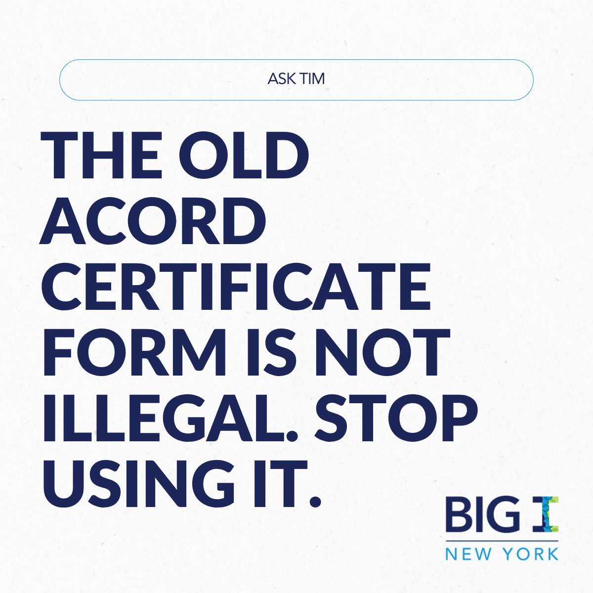 BigINewYork's tweet image. The old ACORD certificate form isn’t illegal  but you should stop using it.

There’s been confusion around the updated ACORD 25 form and what NY law actually requires. 

Read the breakdown from Tim Dodge.

hubs.ly/Q049GGgr0

#BigINY #LiabilityInsurance
