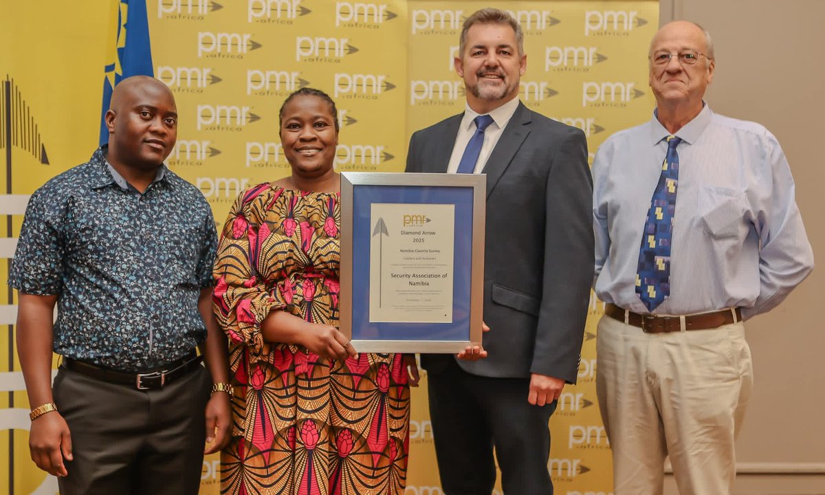 NamibiaSecurity's tweet photo. 🏆✨ Celebrating Excellence!
31 March 2026, SAN was ranked Outstanding – 1st Overall, a prestigious recognition of our leadership and contribution to strengthening Namibia’s private security sector.  #SAN #PMRAfrica #DiamondArrowAward #LeadersAndAchievers #Namibia #1stOverall # https://t.co/XCwN0gf7Ds
