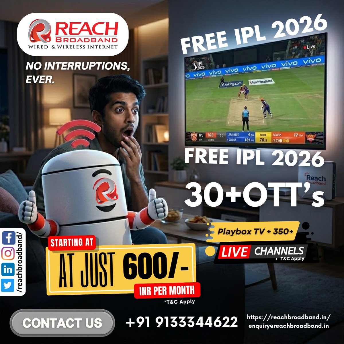 Reach_Broadband's tweet photo. #REACHBroadband #IPL2026 #FreeIPL #CricketFever #NoInterruptions #OTTApps #LiveTV #PlayboxTV #600PerMonth #Rangareddy #Telangana #HomeFibernet #DigitalIndia #LiveStreaming #CricketFans #SmartHome #NoMoreBuffering #BestBroadband #StayConnected #FiberNetService #InternetForHome https://t.co/QY7Y0wKx8D