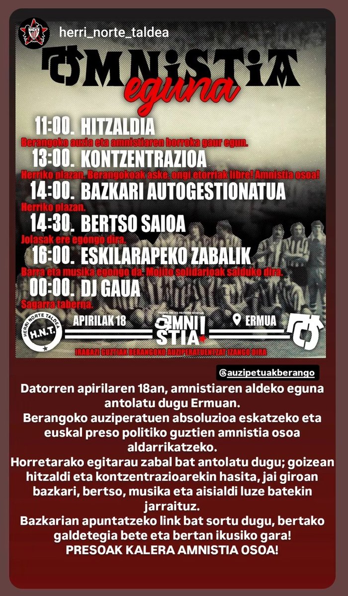 Apirilak 18an Amnistia Eguna antolatu dute Herri Norteko kideek, Ermuan. Bertan Berangoko auzipetuen absoluzioa eta euskal preso politikoen amnistia aldarrikatuko dute.