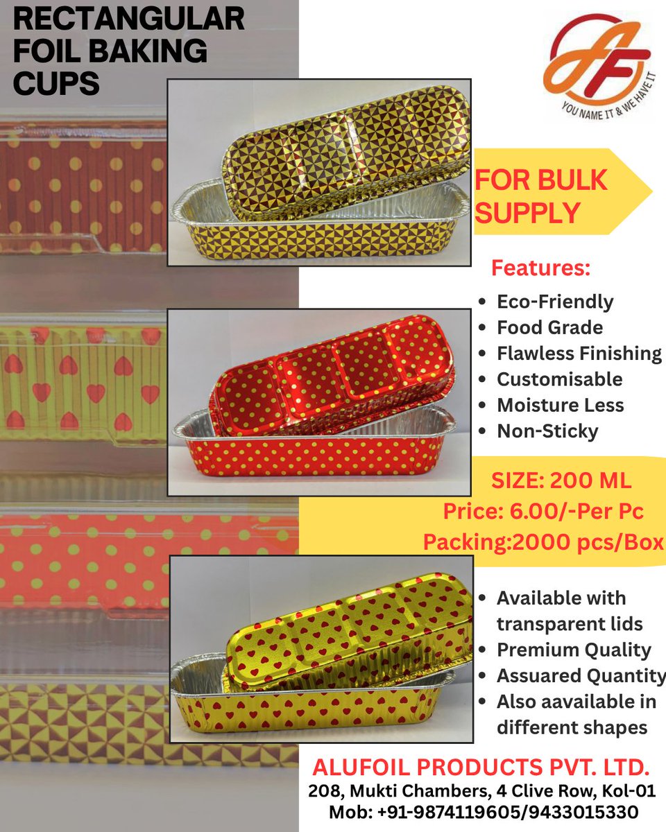 alufoilindia's tweet image. Product Name: Aluminium Foil Cups for Cakes &amp;amp; Sweets
Sizes:From 20ml to 1000ml.
Shape:Rectangular/Square/Plain Round/Round with Ribs/Heart/Square etc
Material:Aluminium Foil
Packing:1000-5000 pcs/carton
Mob:9874119605/7980586941
#bakingcups #baking #bakery #sweetshops #sweetcups