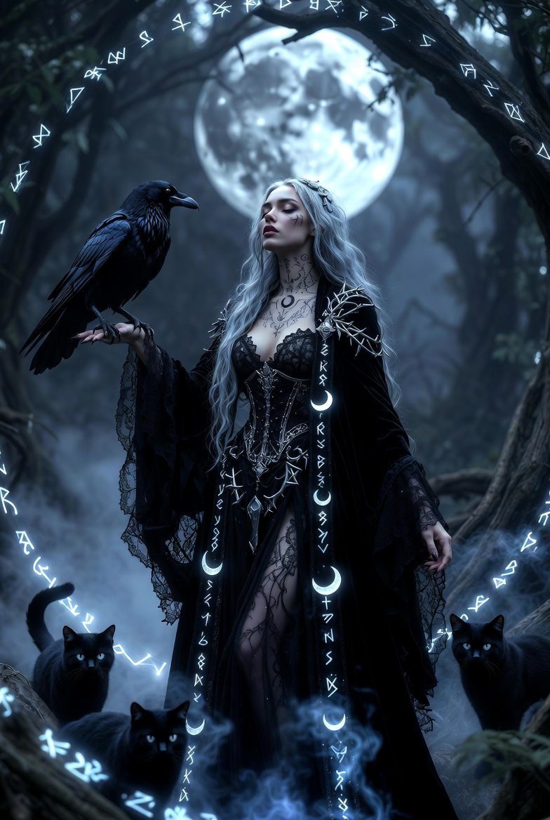 Cyb3er_Poeem7x's tweet image. ✨ #Moonmystic #MythicWitch #MidnightForest
In the silver mist of the midnight woods
she stands — Moonmystic, pale and sovereign.
Hair flowing like moonlight,
runes glowing softly on quiet skin.
A black raven rests upon her arm,
three shadow‑cats circle with silver eyes.
A velvet