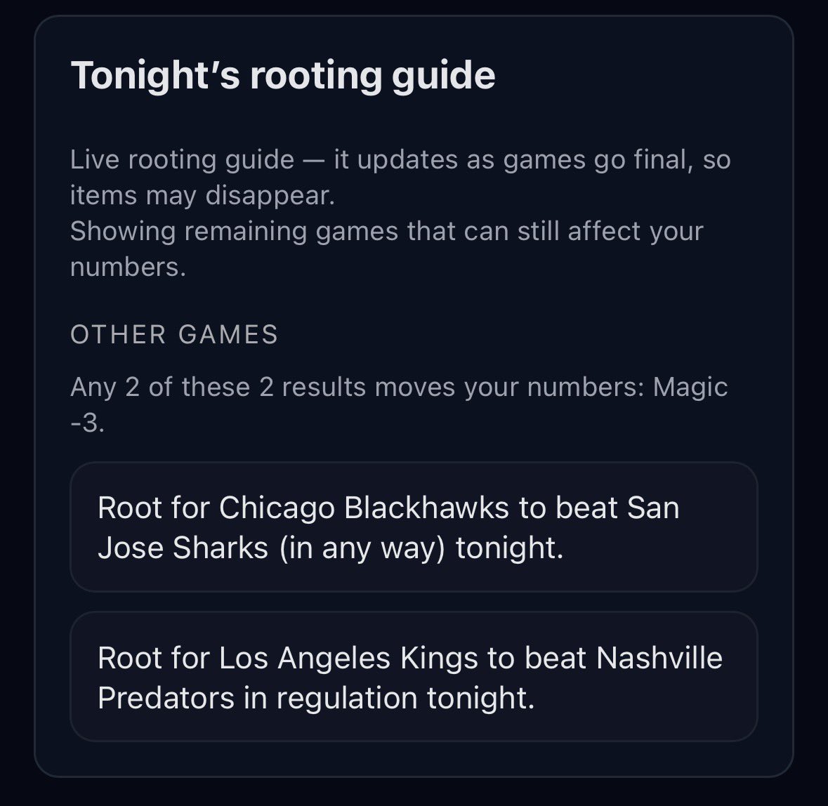 HKYMagicNumbers's tweet photo. Congrats to the @CanadiensMTL for expiring their #MagicNumber and punching their ticket!

Tonight, @EdmontonOilers, @utahmammoth and @GoldenKnights can benefit from @NHLBlackhawks and/or @LAKings wins. 

@PredsNHL can also pick up an extra number with a @NHLBlackhawks win!

Full #MagicNumber breakdown for every game 👉 https://t.co/j2hV2guPIA #NHL #StanleyCupPlayoffs