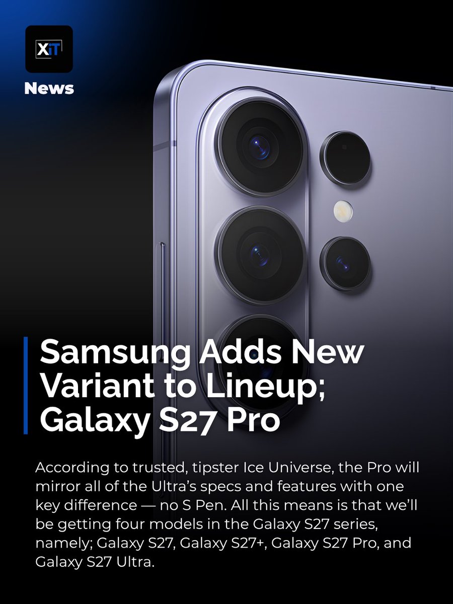 XiTOnline's tweet photo. Samsung once revealed that less than 1% of Ultra users actually use the S Pen’s Bluetooth features, so this “Pro” model might be built for the 99%.

Same Ultra experience. No S Pen.
Game changer or unnecessary?

#XiT
#breakingnews https://t.co/CIqE4hoGHM