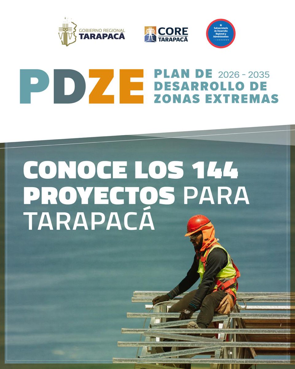 Gore_Tarapaca's tweet photo. #TarapacáAl2035 🚀

¡Proyectándonos al futuro! 💪

Ya lanzamos el Plan de Desarrollo de Zonas Extremas, #PDZE #Tarapacá 2026-2035 que impulsa el @Gore_Tarapaca; una de las políticas más ambiciosas de las que será testigo nuestra región y la principal hoja de ruta para su desarrollo durante la próxima década. ✨

✅ Conoce las 144 iniciativas desde los diferentes servicios públicos, municipios, sector académico y sector privado.

#GobernandoDesdeLosTerritorios #Iquique #AltoHospicio #PozoAlmonte #Pica #Huara #Camiña #Colchane