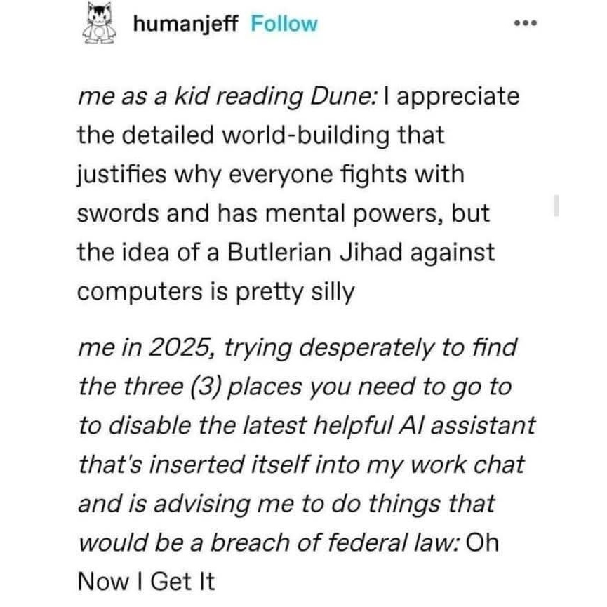 gwpro's tweet image. There are a lot of things we read as kids that seemed cool but unrealistic... but today seem more like prophesies.  #Dune #surveillance #control #agenda #literature #warnings #privacy #optout #choice