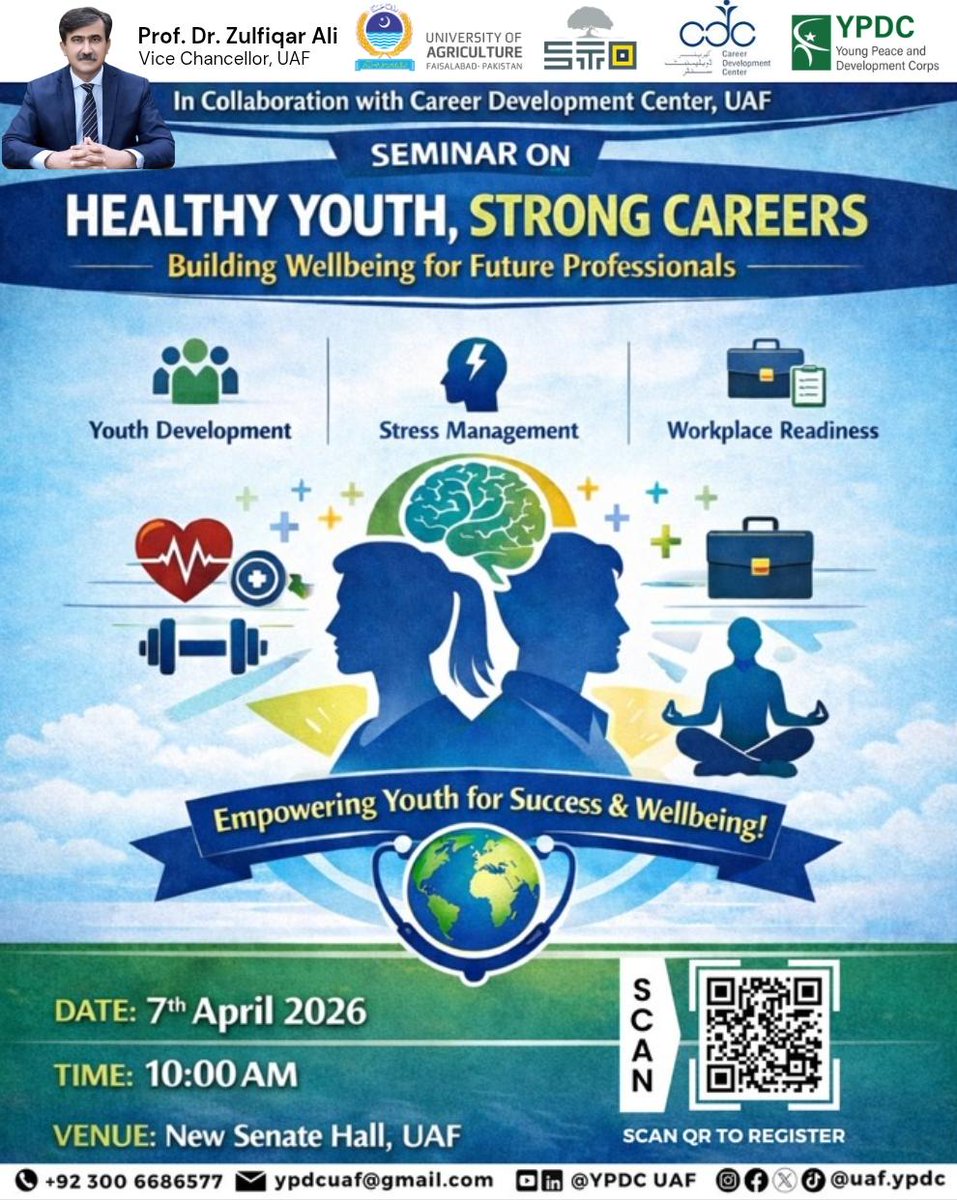Career Development Center (CDC) in collaboration with Young Peace and Development Corps (YPDC), organizing a seminar on "Healthy Youth, Strong Careers: Building Wellbeing for Future Professionals". 

Interested students can register through given link:

forms.gle/4ArZbCfms7coN6…