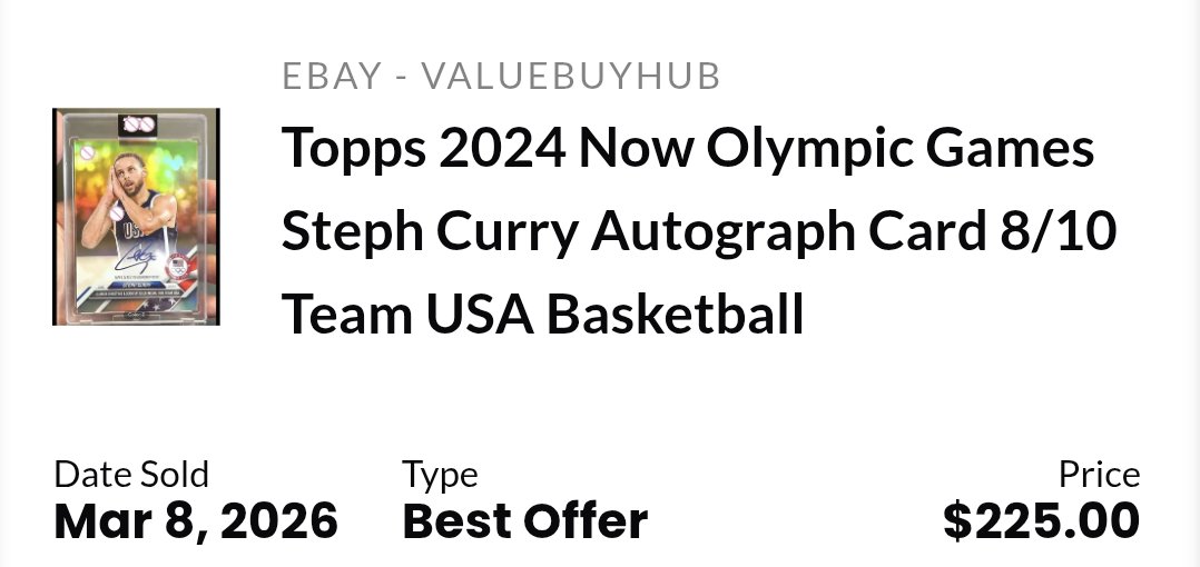 35auburn's tweet image. Someone flagged this @eBay listing with me, and thought it was worth sharing. Counterfeit 2024 Topps Now Curry USA "autograph". 

Another copy was sold (now canceled) last month, but it looks like the fake is based on the original @Topps preview image.

ebay.us/m/loar3f