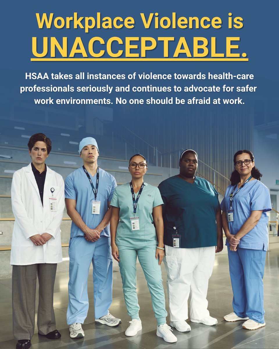 HSAAlberta's tweet photo. HSAA remains deeply concerned about violence towards health-care professionals, especially in the wake of an incident at the Royal Alexandra Hospital in Edmonton over the weekend. No one should have to experience this level of violence at their workplace. It is unacceptable. https://t.co/jVYoPXgUJ6