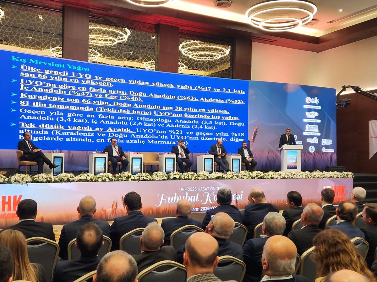 UHKonseyi's tweet photo. Moderatörlüğünü Bitkisel Üretim Genel Müdürü Sayın Uğur ERDEM’in yaptığı 2026 UHK Hububat Kongresi ilk oturumunun konusu:
İklim Değişikliği, Hububat Üretimine Etkileri, 2025-26 Üretim Yılı Hububat Durumu, Gelişimi ve Beklentiler

Bu oturumda;
- TMO Genel Müdür Yardımcısı Sayın Cihan SOYALP ‘Hasat Öncesi TMO Politikaları ve Piyasa Analizi’
- UHK Yönetim Kurulu Üyesi Sayın Prof. Dr. Bayram SADE ‘2025-2026 Üretim Yılı Buğday Gelişim Durumu’
- Selçuk Üniversitesi Ziraat Fakültesi Öğretim Üyesi Sayın Prof. Dr. Süleyman SOYLU ‘Yıllara Göre Hububat Üretimi Değişimi ve Mevcut Durum’
- Bitkisel Üretim Genel Müdür Yardımcısı Sayın İhsan EMİRALİOĞLU ‘ Üretim Planlaması Ekseninde Hububat Tohumluğu Üretimi ve Hedefleri’
- Selçuklu Ziraat Odası Başkanı Sayın İsmail TOKLU ‘Üretici Gözüyle Hububat Tarımı’
konularında bilgilerini aktardılar.
Oturum panelistlerimize aktardıkları değerli bilgi ve düşünceleri için teşekkür ederiz.
@Bugemtr @ugurerdem__ @emiraliihsan @cihansoyalp  @suleymannsoyluu @bayramsade