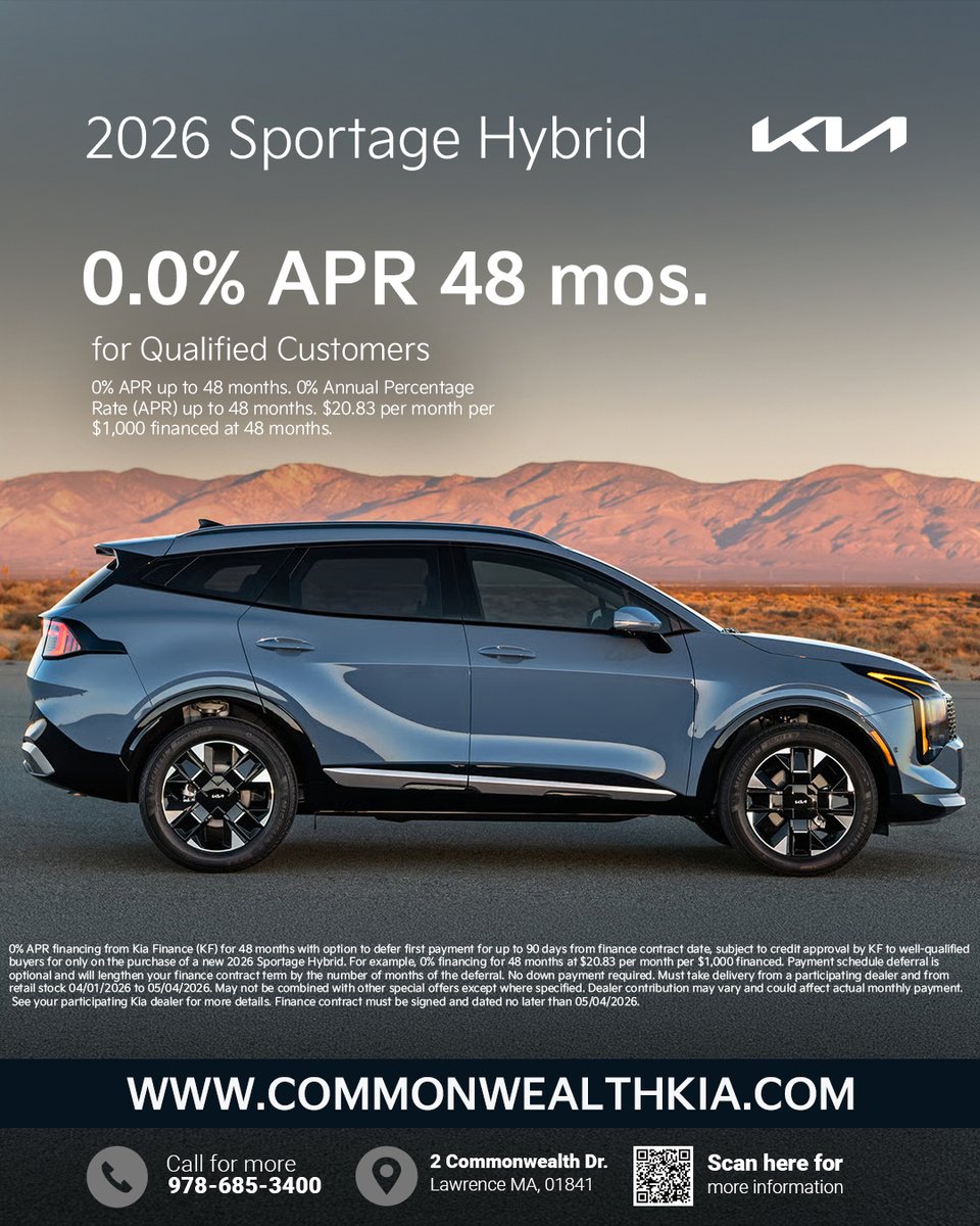 CMKIA_'s tweet image. Drive into something new this spring 🌿
Get 0.0% APR for 48 months on the 2026 Kia Sportage Hybrid and make your move today.
Shop now at CommonwealthKia.com

#KiaSportageHybrid #KiaDeals #SpringSavings #CommonwealthKia #LawrenceMA #MerrimackValley #ShopUsLast