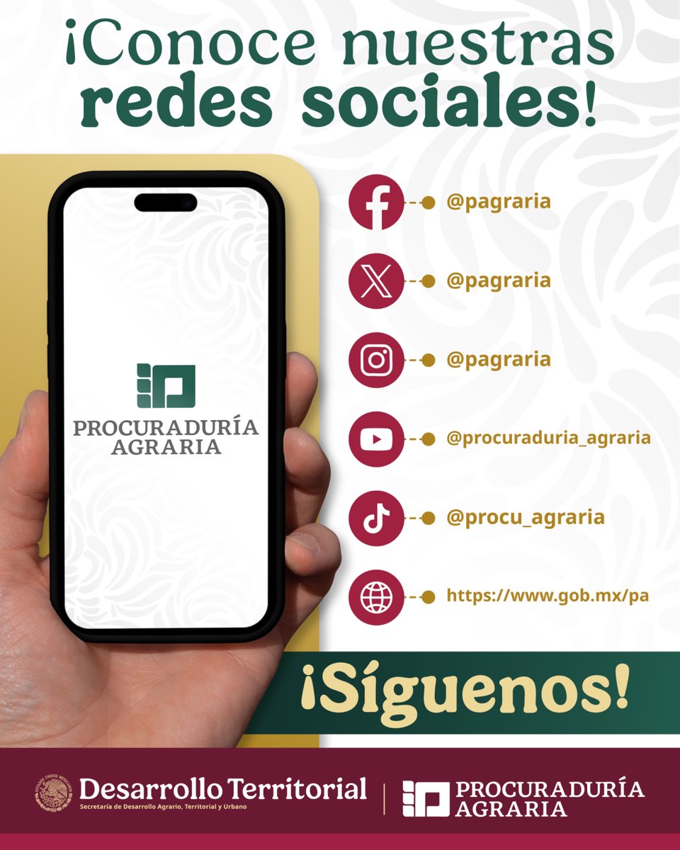PAgraria's tweet image. 📲 ¡Conéctate con nosotros!  Sigue nuestras redes sociales y mantente informado sobre nuestros programas, servicios y actividades para el campo y la propiedad social.  

#ProcuraduríaAgraria #Síguenos #RedesSociales