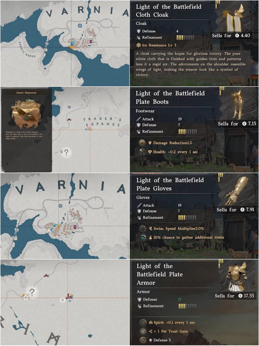 TheRealZephryss's tweet photo. Crimson Desert Tips & Tricks #68

How to Get the Light of the Battlefield Armor Set in Crimson Desert:

🟢 Light of the Battlefield Plate Boot is located in the Trader’s Expanse in the Crimson Desert region. You need to go to the second level of the shipwreck area to find the chest.

🟢 Light of the Battlefield Plate Armor can be found at Howlsands Camp at the top of the Crimson Desert. This area is plagued by a constant sandstorm. Navigate to the main base area and head into the small cave to find the chest containing the armor.

🟢 Light of the Battlefield Cloth Cloak is located near Varnia Gorge in the Crimson Desert region, at a waterfall just outside the city in the top-right section of the map. Use the stab ability to enter the waterfall and loot the chest.

🟢 Light of the Battlefield Plate Helmet is located under a large rock in the water on the left-hand side of the Crimson Desert region. You will need to perform a long jump and glide to reach it from the fast-travel point. Once you get there, you will find the chest underneath the rock.

🟢 Light of the Battlefield Plate Gloves are hidden inside Varnia City in the Crimson Desert region. Go to the exact location on the map. You will need to sneak past enemies as you make your way up from the entrance to reach the broken door. Inside, you will find the chest.