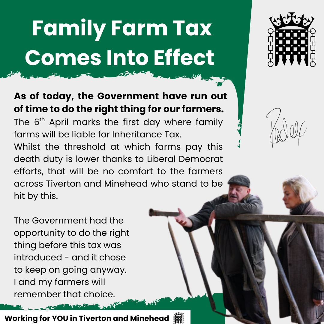RachelGilmourLD's tweet image. Today is a day that many of my farmers have been dreading. From 6th April, the Family Farm Tax has come into effect.
My farmers and I will remember this: the Government had every opportunity to change course, and still went ahead with this damaging tax.

#Somerset #Devon #Farming