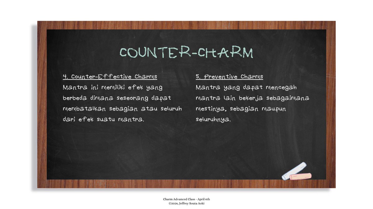 ㅤ
"Terakhir ada Preventive Charms, mantra yang
memungkinkan bisa dikategorikan adalah Anti-Alohomora. Ada yang tau efek mantra Anti-Alohomora itu seperti apa?" (QRT with format)
ㅤ