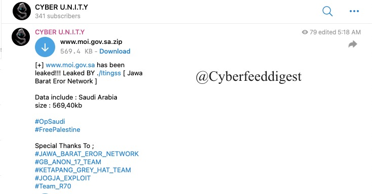 cyberfeeddigest's tweet image. A Telegram channel allegedly #Breached #SaudiArabia 
www[.]moi[.]gov[.]sa 

Data include : Saudi Arabia
size : 569,40kb
#DataBreach