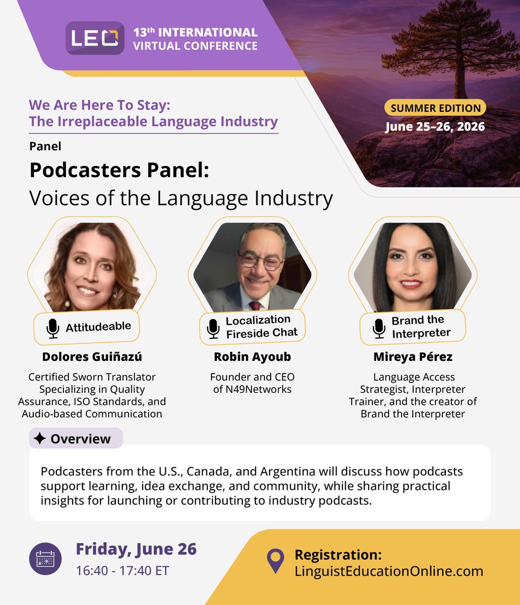LingEduOnline's tweet photo. LEO13 Podcasters Panel: Voices of the Language Industry 
Featuring Dolores Guiñazú, Robin Ayoub &amp; Mireya Pérez 

June 26 | 16:40–17:40 ET

Register: https://t.co/RxwMS1MR3c 

#LEO13 #Podcasting #LanguageIndustry https://t.co/UaYKQeQ1Px