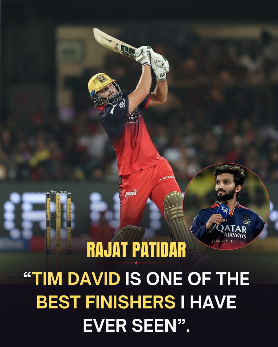 JadavDasharathP's tweet photo. Rajat Patidar 🗣️ “Tim David is one of the Best finishers I have ever seen”.

#TimDevid #RCB #RajatPatidar #IPL https://t.co/jy1IhdLgdS