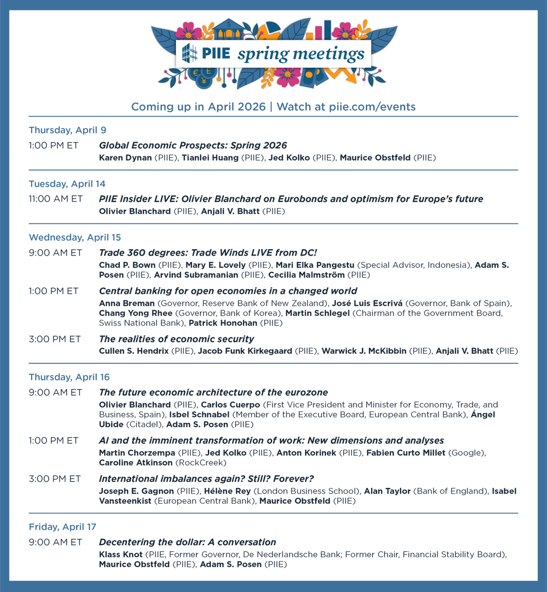 PIIE's tweet photo. 🌸IT'S SPRING MEETINGS TIME!🌸
We kick things off with our semiannual Global Economic Prospects event on April 9, then join us April 14-17 for high-level panels &amp; discussions on the euro, AI, trade, &amp; more.
Find all event info &amp; register to watch here: https://t.co/4huvORw15R https://t.co/RpPThzMmY5