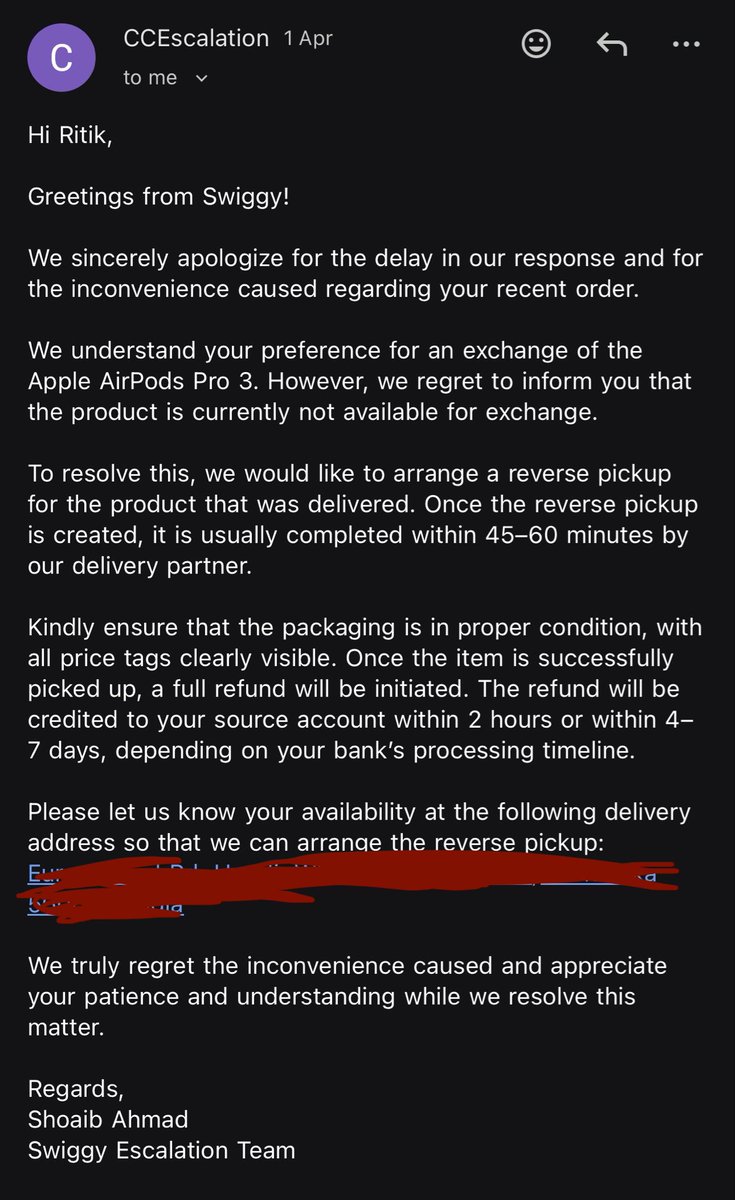 RitikGupta12's tweet photo. @SwiggyCares Like you did last time? Here we go again, order ID : 233329716675797

Also attaching the mail sent by your officer who accepted the company’s fault. In the process of filing a complaint with the consumer court again referring what ordeal you are putting me through. https://t.co/Vpy7CPgUNw