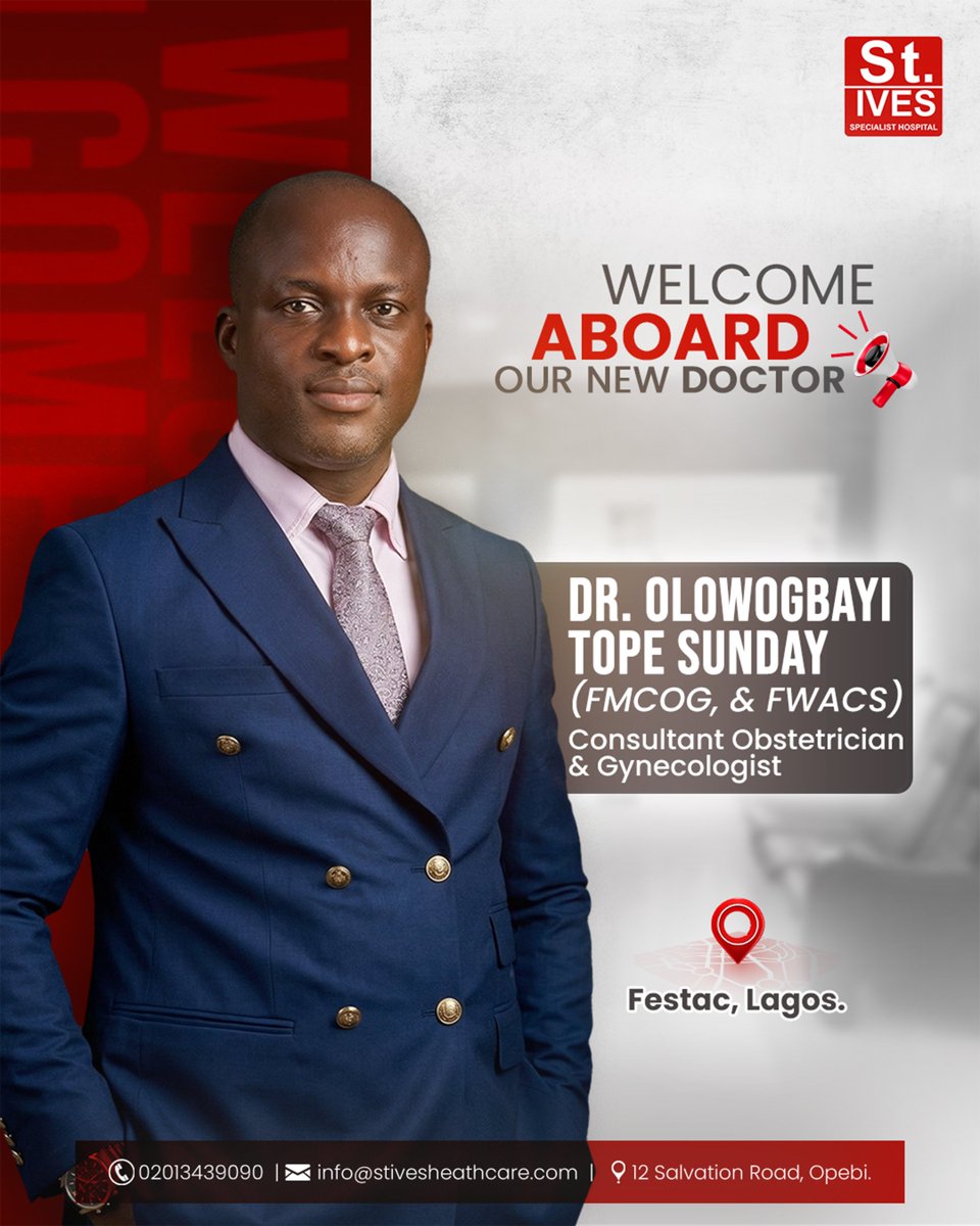 We’re excited to welcome Dr. Olowogbayi Tope Sunday to St. Ives Specialist Hospital, Festac! 💙

A OB-GYN with 14+ years of experience and a specialist in HIFU.

#StIvesHospital #WomensHealth #HealthcareNigeria #MedicalExcellence #HIFU #LagosHealthcare