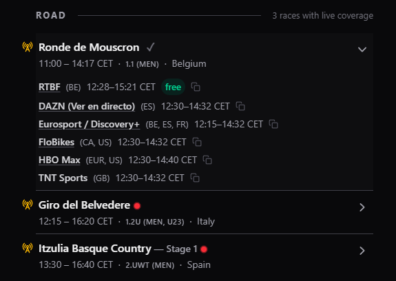 BenjiNaesen's tweet photo. Not paid to share this, but you should check out Course du Jour. 

It's basically a website and/or daily newsletter that shows you where you can watch the races that are on, every day.

➡️ https://t.co/Fvz69htN26

Love independent projects like this. 👏 https://t.co/KGcde7uGjo