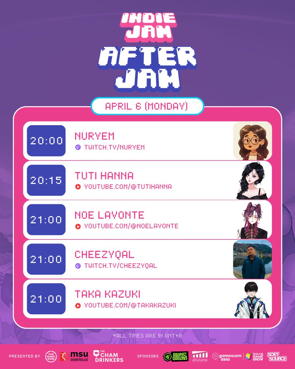 indiejam_my's tweet photo. Missed out on any games at Indie Jam 2026? Don't fret, because After Jam starts today! 🎮🍿

From April 6-12, catch livestreams and VODs from these official Indie Jam content creators and get a closer look at the games in this year's showcase! https://t.co/7HFABfzjai