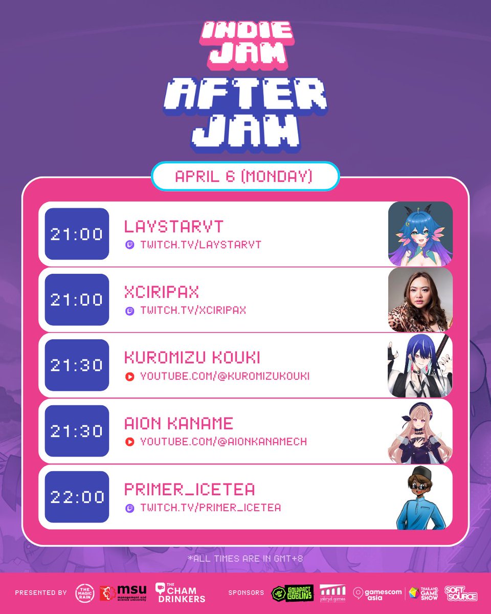 indiejam_my's tweet photo. Missed out on any games at Indie Jam 2026? Don't fret, because After Jam starts today! 🎮🍿

From April 6-12, catch livestreams and VODs from these official Indie Jam content creators and get a closer look at the games in this year's showcase! https://t.co/7HFABfzjai