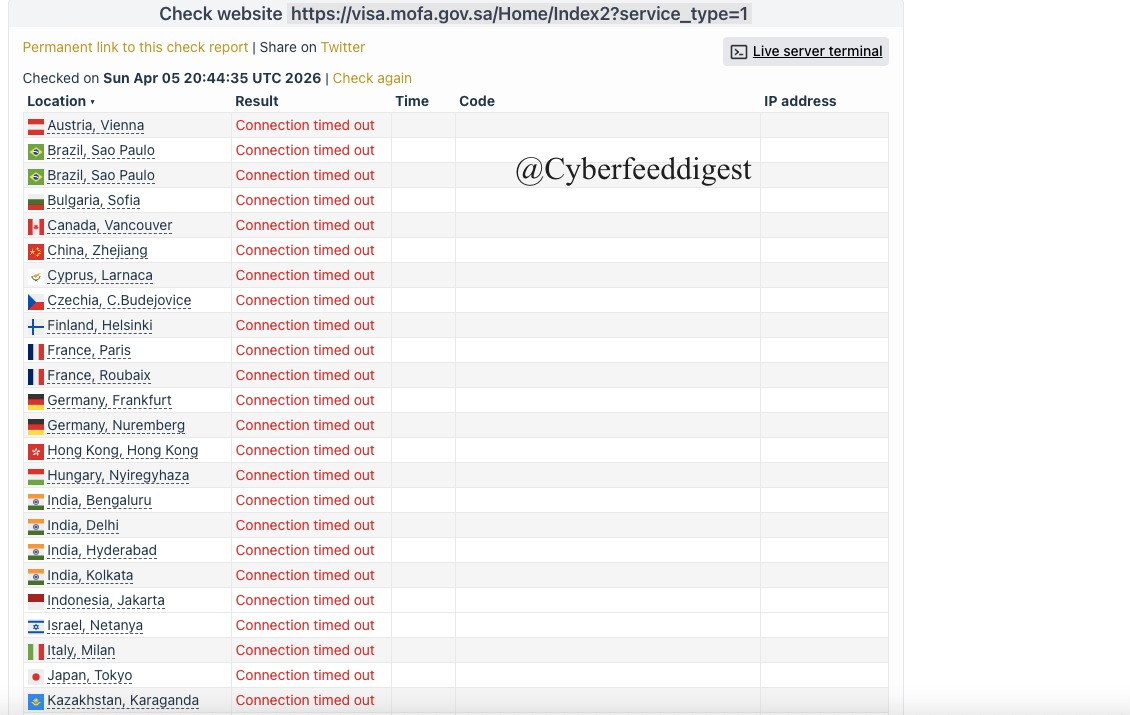 cyberfeeddigest's tweet image. A governmental website of #SaudiArabia targeted by #DDOS attack:

hxxps://visa.mofa.gov.sa/Home/Index2?service_type=1
check-host.net/check-report/3…

#DDOS #SaudiArabia