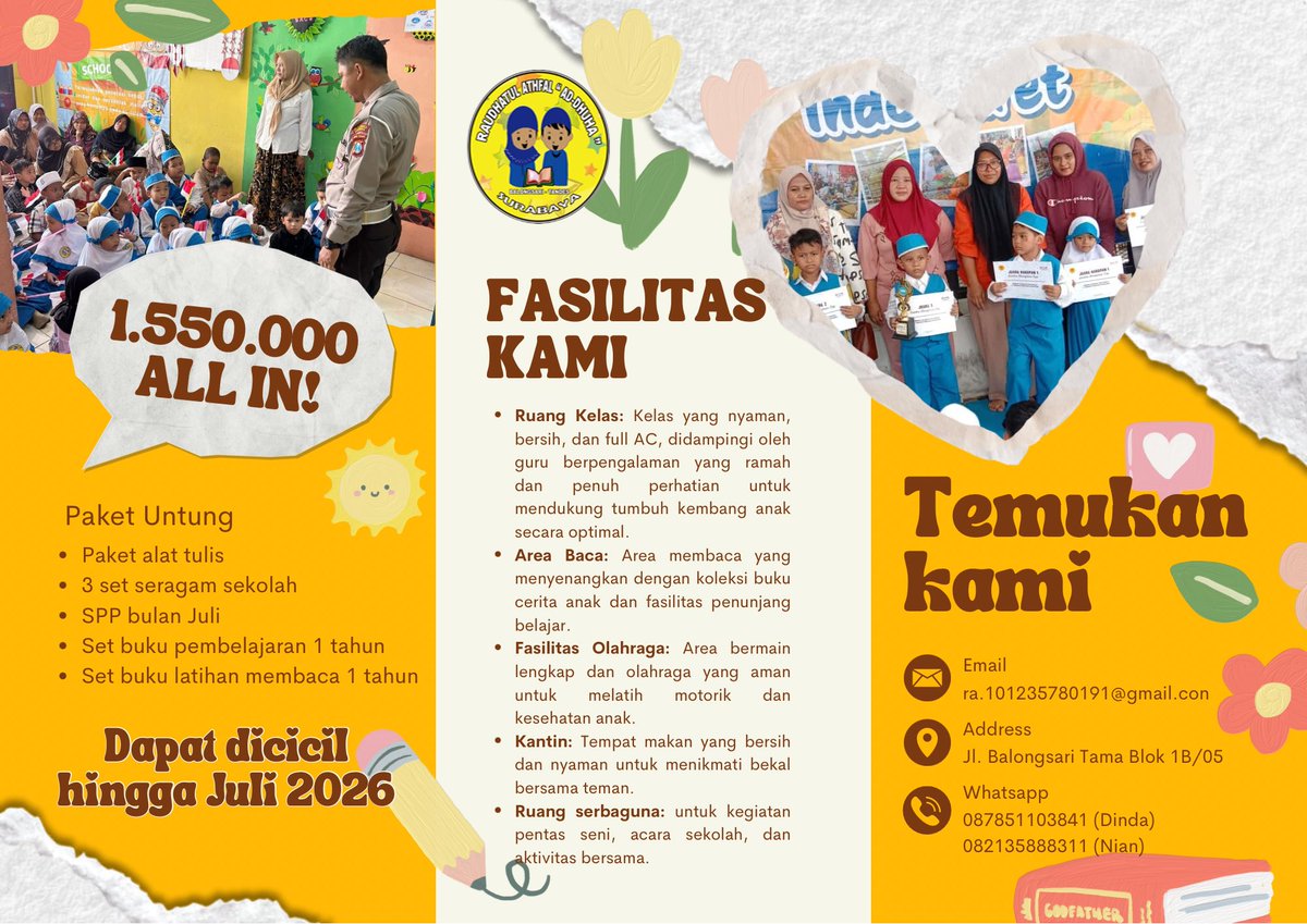 ouverthemoon's tweet photo. lokasi raudhatul athfal (tk islam) kami ada di balongsari (tandes surabaya). sebagai pengenalan lingkungan sekolah, sekolah kami mengadakan trial class gratis. berikut aku lampirkan poster trial class dan juga brosur sekolah kami🤗❤️￼ https://t.co/f2z8BkiKrf