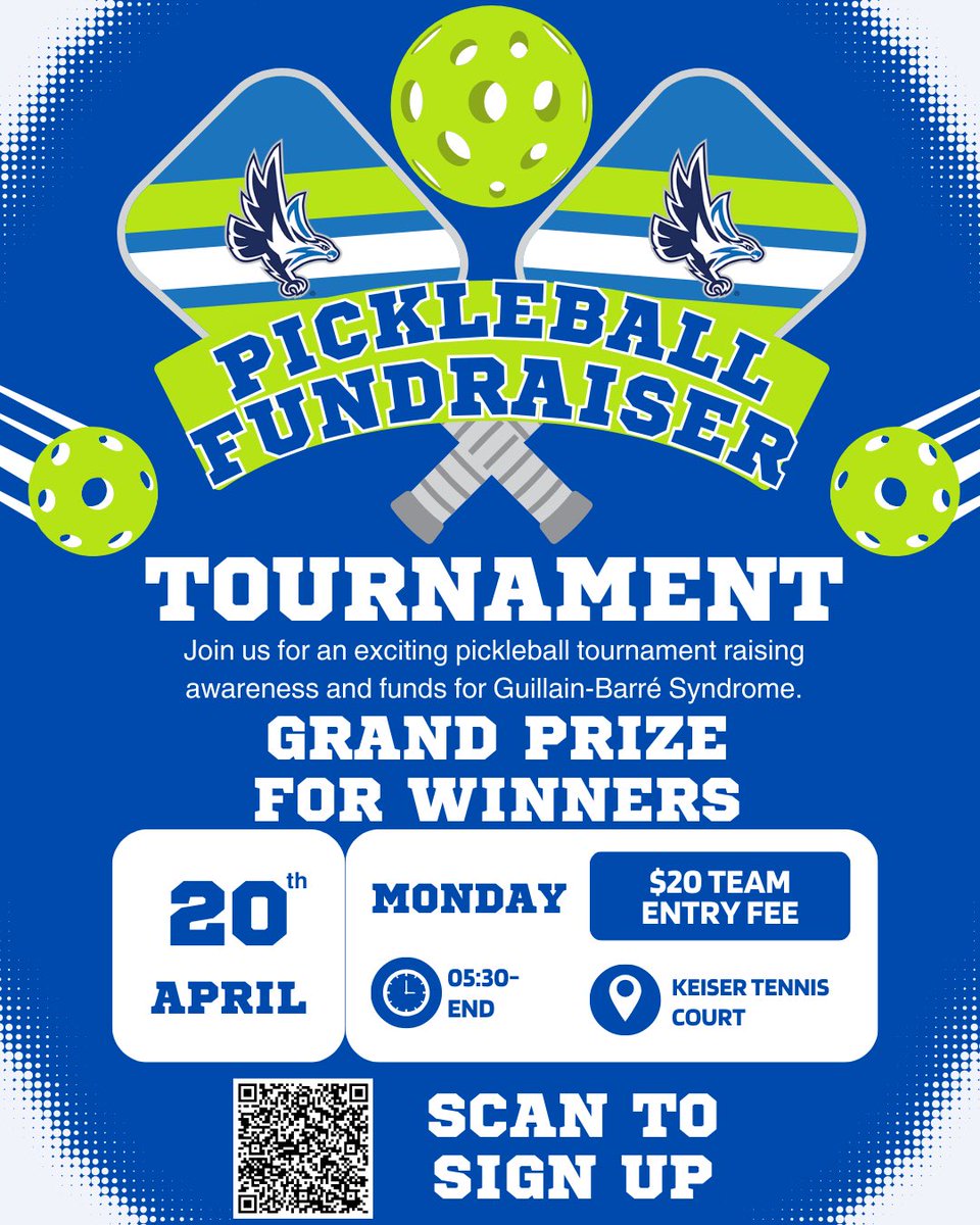 KeiserFootball's tweet photo. Come join us on 🗓️ April 20th as we bring awareness to Guillain-Barre Syndrome. Starting at ⌚️ 5:30PM for 💲20 dollars a team you can help us slap 🏓 around this disease. This will be held on the @KeiserUFlagship campus. Young and old are invited to crown the 🏆. #GRIT https://t.co/8fbQy0qmaV