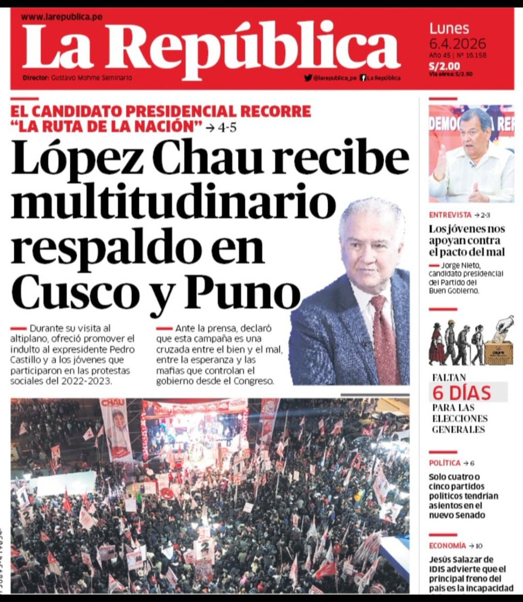 Todo el Sur del País Le da su Total 
Respaldo a don Alfonso López
Chau. Es el único candidato q llena
Plazas en sus mitines. El 12 de abril 
Todos a Marcar los cinco Casquitos 

#LópezChauPresidente!