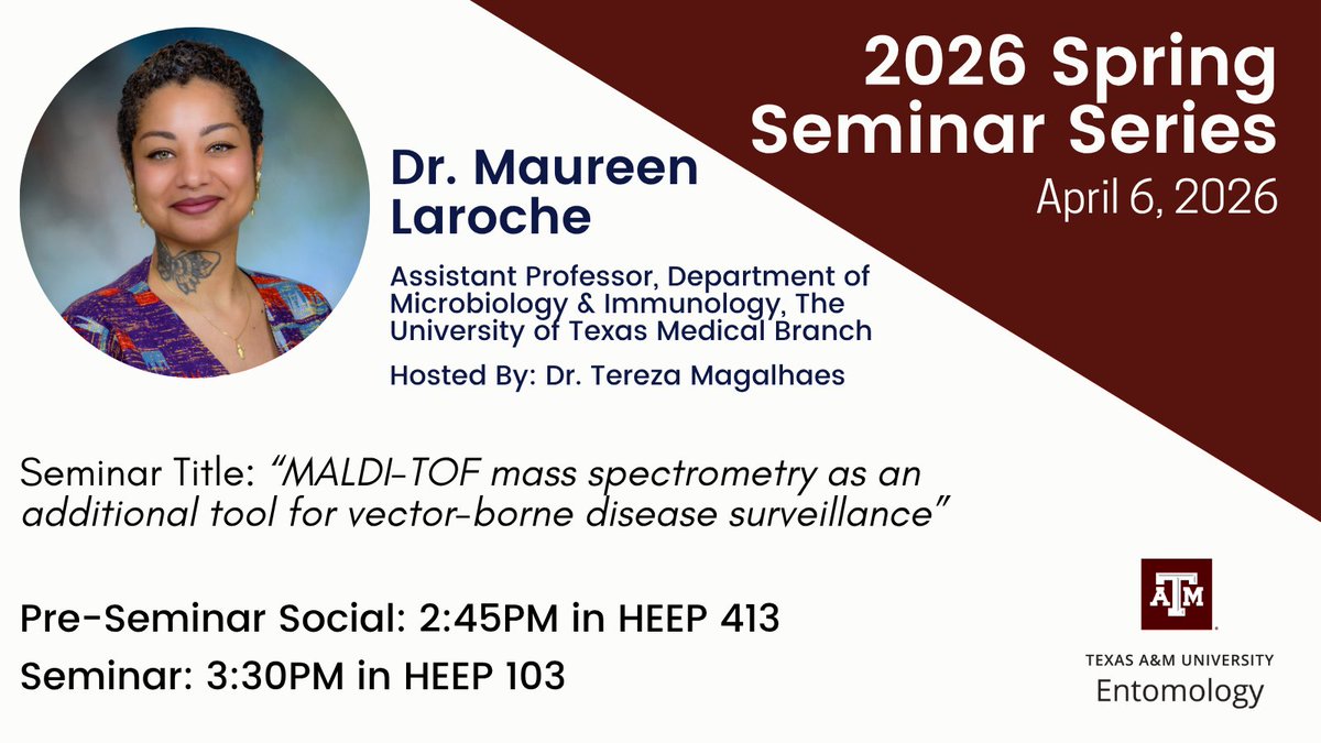 tamuentomology's tweet photo. Dr. Maureen Laroche, an assistant professor in the Department of Microbiology and Immunology at the University of Texas Medical Branch, is today's speaker as part of our Spring Seminar Series!
We hope you will join us for the seminar in Heep Center 103 at 3:30 p.m.!
#TAMUBugs https://t.co/XltNiul66X
