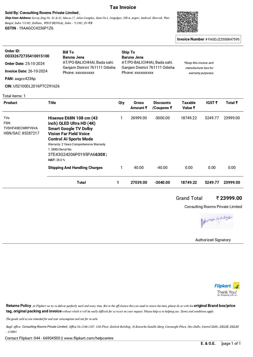 johnkumar872's tweet image. @RelianceResQ @HisenseGlobal #consumercomplaints @Hisense_IND @jagograhakjago 
Grievance request number 8079790245 dtd 22.03.2026 from Hisense &amp;amp; Service id 4875737 from Reliance resQ Service Center, Berhampur I called both for repair my Tv but they did not help for repair
