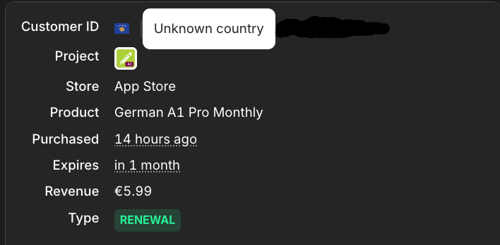 melphrat's tweet photo. I noticed today that Kosovo is labeled "Unknown country" at @RevenueCat dashboard. https://t.co/Fcpz8pLe3Q