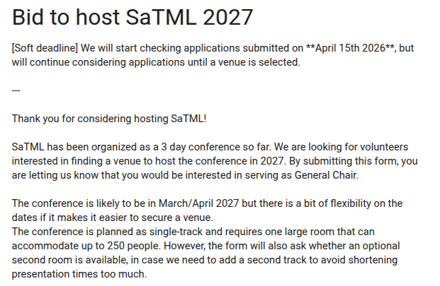 satml_conf's tweet photo. SaTML is looking for a host for #SaTML2027! If you're interested in bringing SaTML to a city near you, please fill out this form by April 15! 🏘️🏙️🏡🌆 https://t.co/4lEZ4yweCh