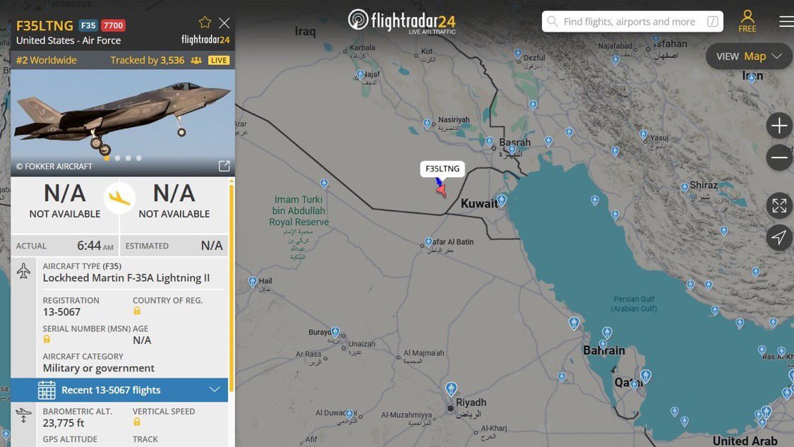 🇺🇸🇮🇶  A US F35 is squawking the 7700 mid-flight emergency alert, while flying over Iraq.
