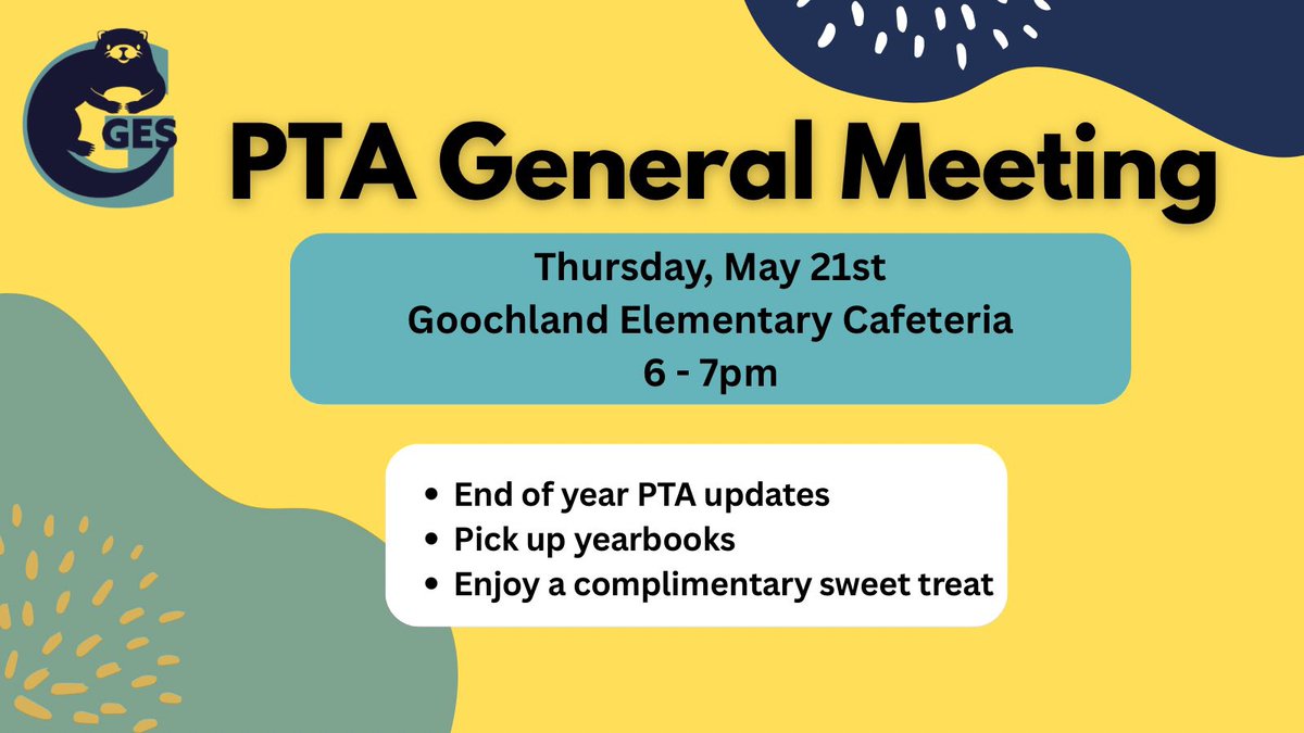 GESPTA3's tweet photo. Join us for our final PTA meeting of the year! Grab your yearbook, hear updates, and enjoy a sweet treat 🍪✨ https://t.co/cTJsX4gHe1