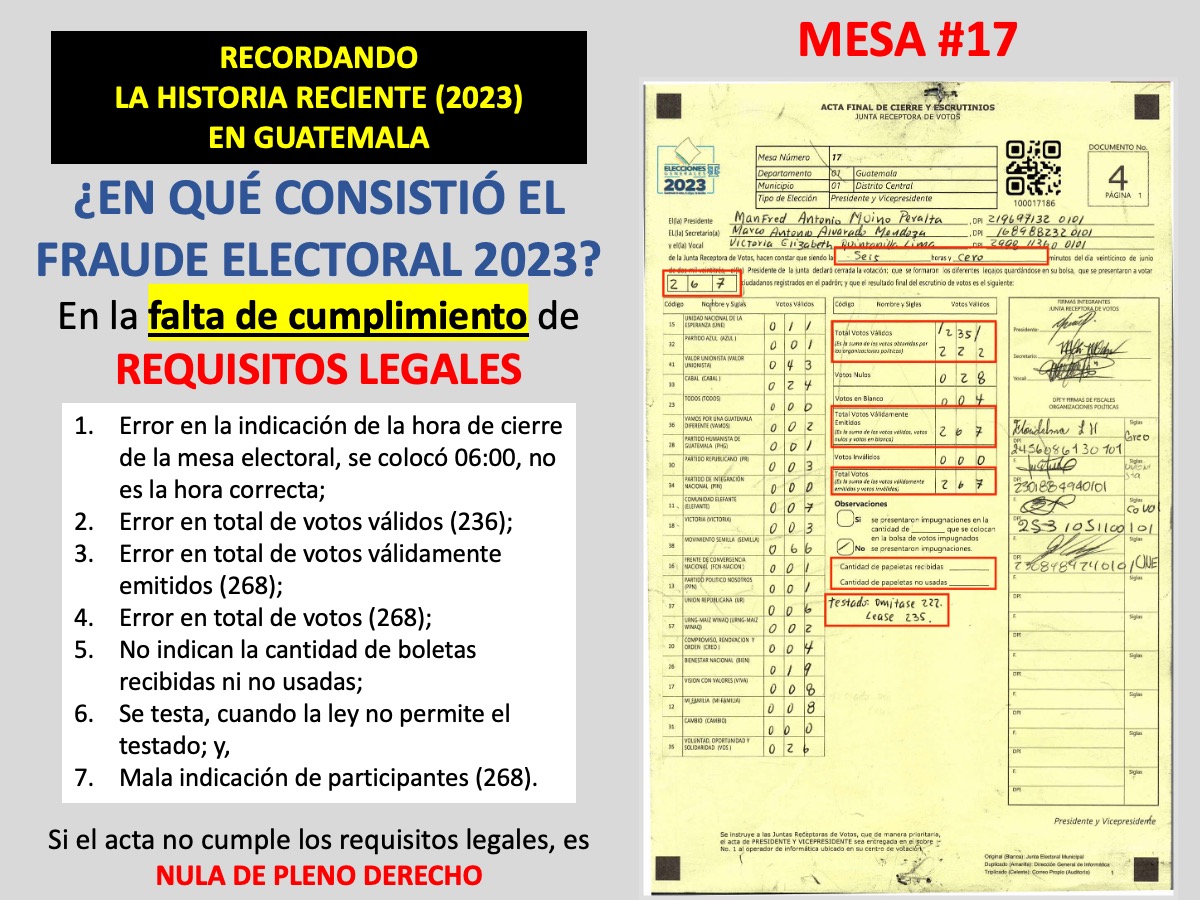 Mesas 13, 14, 15 y 17, para presidente y vicepresidente, primera vuelta electoral, 25 de junio de 2023. 

Si no están bien llenadas con la información correcta, fueron validadas en fraude de ley. Por ende, el conteo es imposible hacerlo de una boleta que no cumple con los