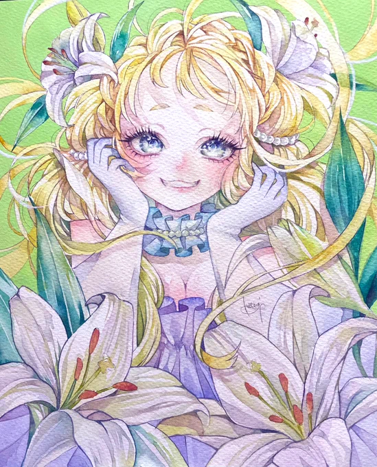新作 「祝福」カサブランカ アートスープ13周年おめでとうございます 私のお絵描き人生はアートスープのおかげで成り立っている気がします。 これからもたくさん展示出来るように頑張るます #アートスープ13周年