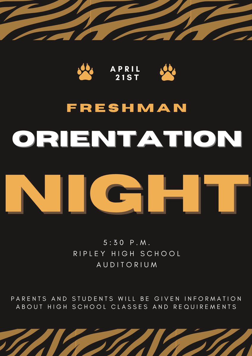 RMSGoTigers's tweet photo. 🎓 Attention 8th Graders &amp; Families!

Join us for Freshman Orientation Night to learn everything you need to know about classes, requirements, and what to expect as you begin your high school journey.
📅 April 21st
⏰ 5:30 P.M.
📍 Ripley High School Auditorium https://t.co/ItYk52FhP4