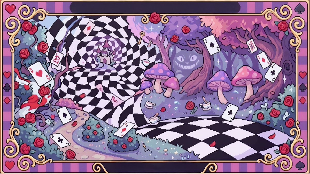 A0_illustration's tweet image. ＊VTuber向けフリー素材＊        

【不思議の国の世界♥♠】        

イースターにぴったり🥚
横型パターンのドット絵の配信背景素材です＊    
商用利用もOKっ‼︎   
どなたでもご自由にどうぞっ    
リプをいただけるとうれしいなぁ＊    
#Vtuber素材 #VTuberAssets