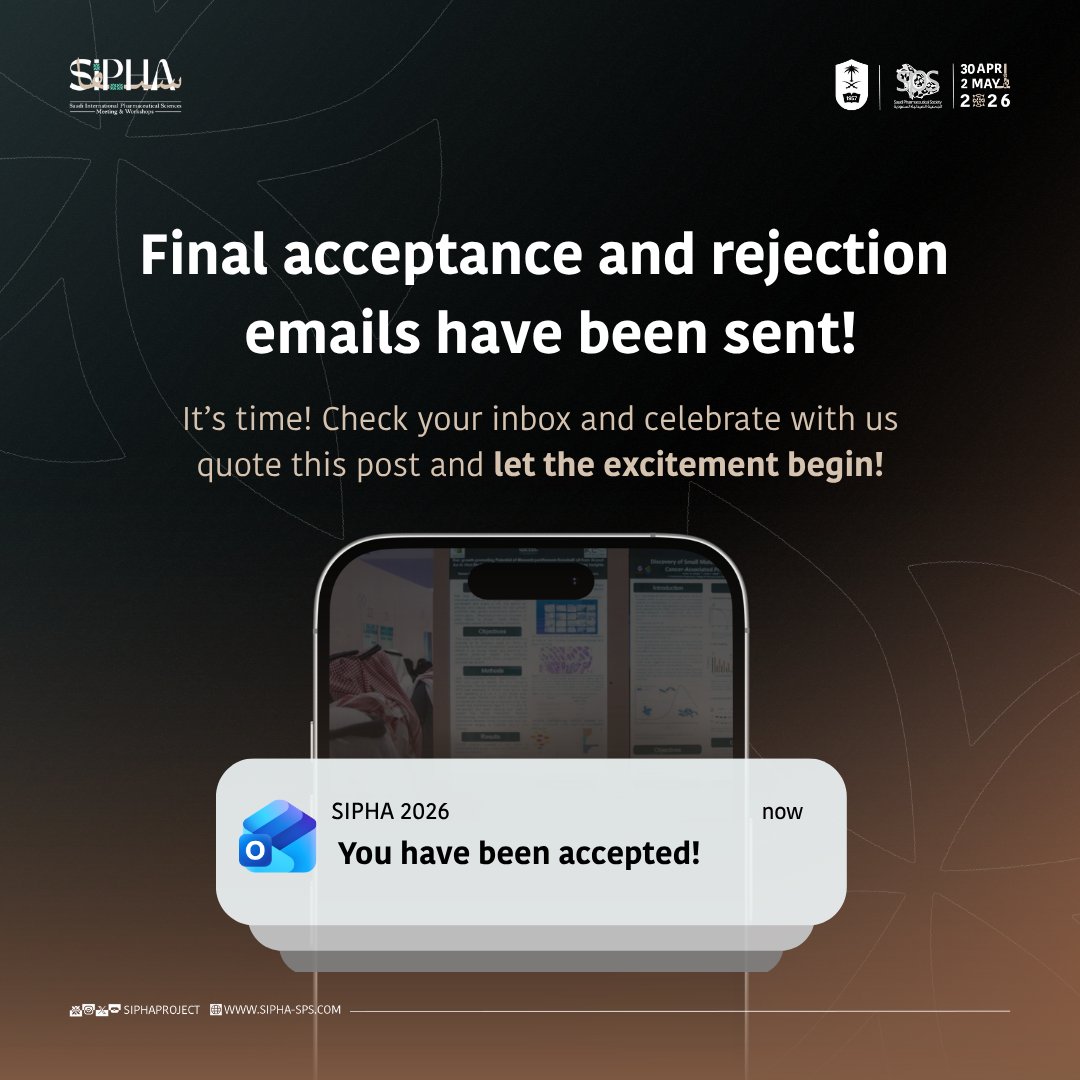 SIPHAproject's tweet photo. SIPHA 2026 Abstract Results
The evaluation process has concluded.

Please check your inbox for your submission status.

🛑 A quick reminder Early Bird rate for SIPHA 2026 is available until 6 PM tomorrow. Grab your registration before it’s too late. https://t.co/XdNPeFFy6e