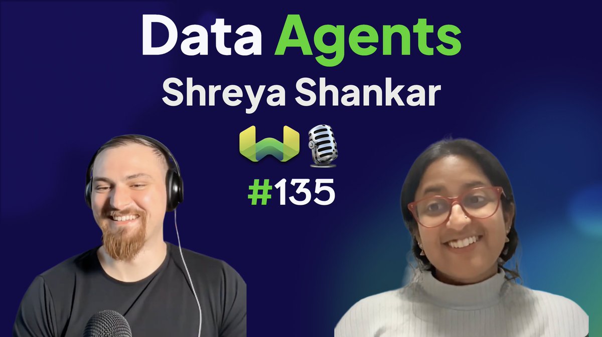 Hey everyone! I am SUPER EXCITED to publish a new episode of the Weaviate Podcast with Shreya Shankar (<a href="/sh_reya/">Shreya Shankar</a>) on Data Agents! 👾

Shreya is a Ph.D. student in the EPIC Data Lab (<a href="/UCBEPIC/">UC Berkeley EPIC Lab</a>) advised by Aditya Parameswaran (<a href="/adityagp/">Aditya Parameswaran</a>) at UC Berkeley. Her research focuses on