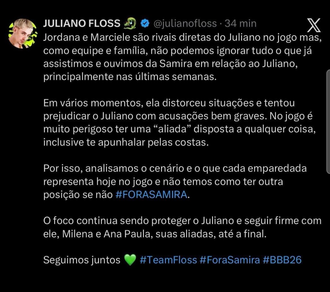 Giovanna_Rave's tweet photo. A equipe do @julianofloss segue fazendo uma ótima leitura de jogo. “No jogo, é muito perigoso ter uma “aliada” disposta a qualquer coisa, inclusive te apunhalar pelas costas.”

Vocês vão esperar ela fazer o mesmo com a Ana Paula e Milena? 🙄 #ForaSamira 
#bbb26 https://t.co/WFe3Y0Yqn7