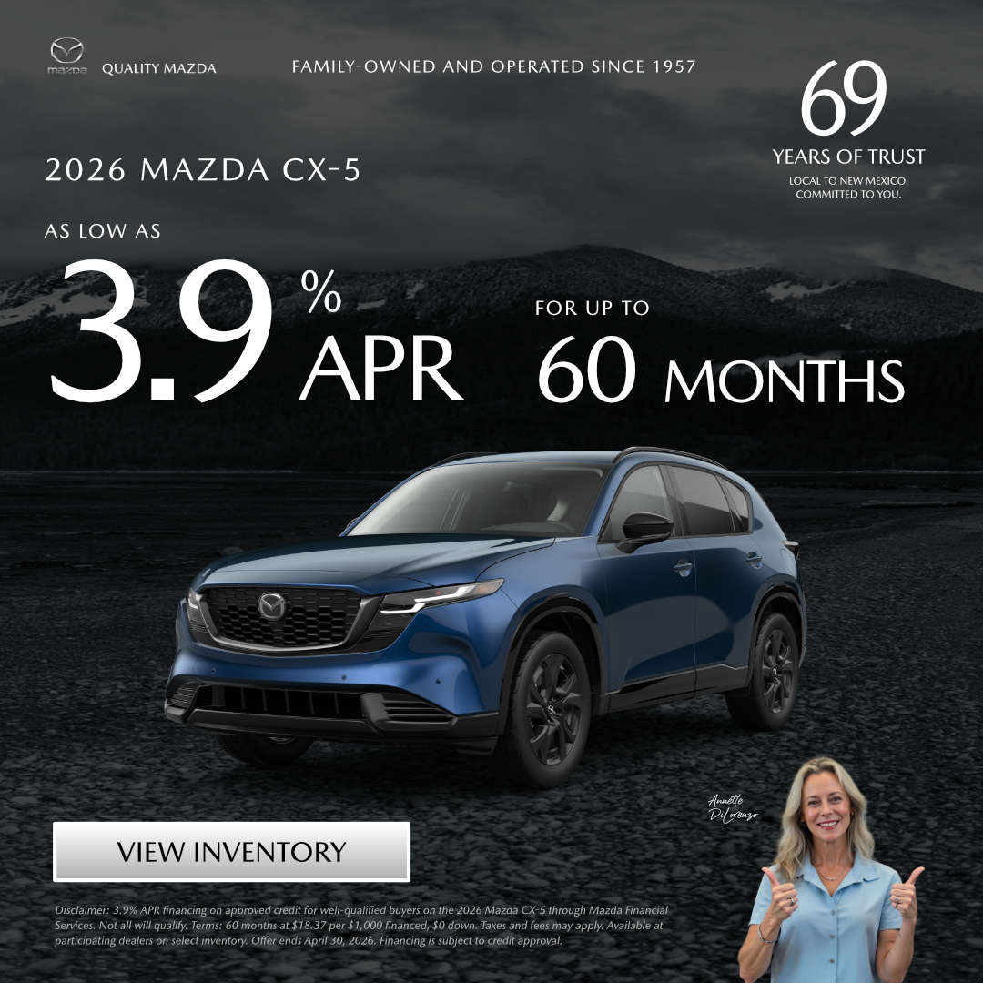 QualityMazda's tweet photo. 🚗ALBUQUERQUE, DRIVE REFINED

2026 Mazda CX-5
💥Up to 3.9% APR for 60 months
Stylish. Safe. Fun to drive.

🔗https://t.co/SVC5Bog8iJ
📞+1 505-265-3753
Upgrade your drive today.

#MazdaCX5 #QualityMazda #Albuquerque #NewMexico #DriveABQ #ABQcars #Burque #DukeCity #505Cars https://t.co/5HT6k74aie